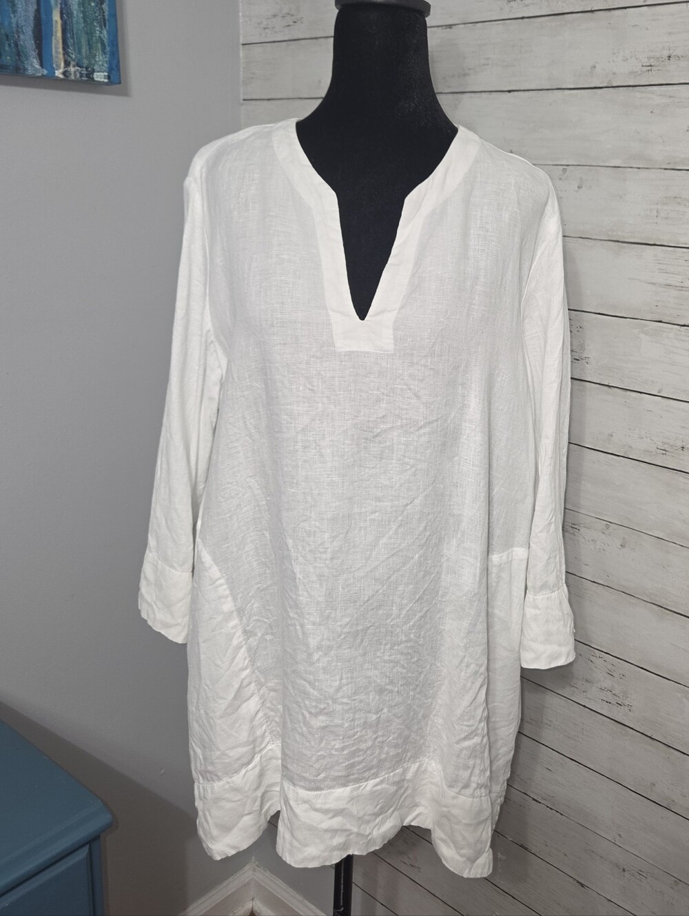 Lands' End Women's White 3/4-Sleeve Popover Shirt Deep Pockets, 100% Linen, XL